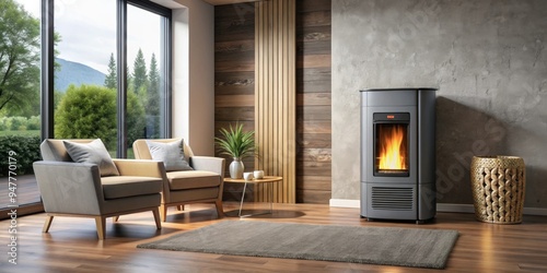 Wooden pellet heating stove in a cozy living room setting, pellet stove, heating, renewable energy, sustainable