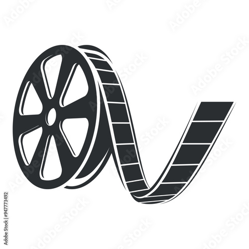 Film reel icon showcasing classic cinema, coiled ribbon of film unwinding in a nostalgic representation of movie history