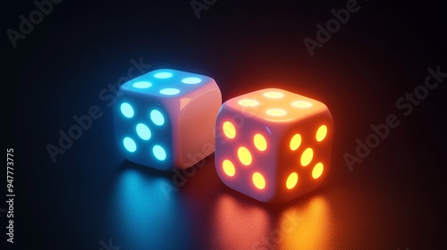 Neon 3D render of a cube dice casino game on a pitch-black background. Two white die rolls roll, moving random numbers. Night banner for Vegas online app, VIP gaming, and board games. 3D Illustration