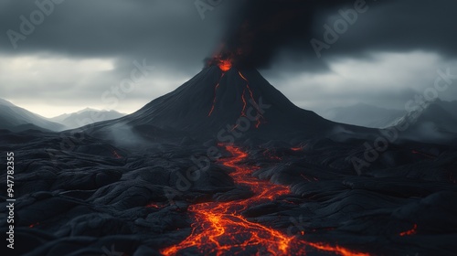 Volcanic Eruption: A dramatic and awe-inspiring image of a volcano erupting, spewing lava and ash into the sky. The dark and stormy clouds contrast with the fiery red lava flow