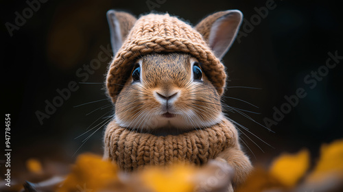 A rabbit wearing a silly hat looks both humorous and proud. The hat adds a whimsical touch to the bunny's otherwise adorable appearance.