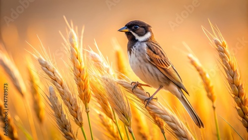 As the Reed Bunting forages, soft pinkish-orange light bathes its rusty-red beak amidst golden wheat and green reeds, harmonizing with wispy clouds against a warm amber backdrop.