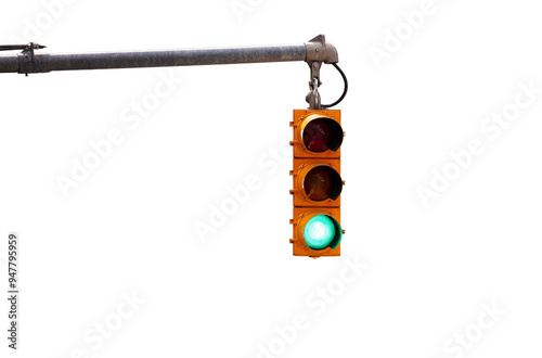 Green traffic light hanging isolated on white transparent, go sign 