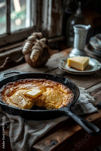 Warm skillet cornbread topped with butter in a rustic kitchen setting with natural light during the late afternoon