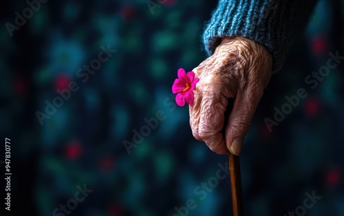 A close-up of a weathered hand gently holds a wooden cane, adorned with a vibrant pink flower. This image captures the beauty and strength of aging gracefully.