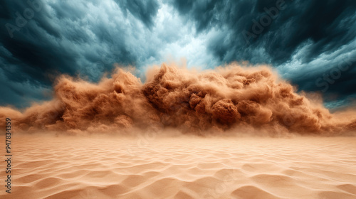 Windstorm blowing sand across a desert landscape, harsh weather, intense wind