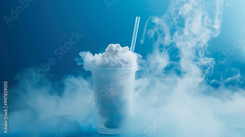 Cloudy liquid nitrogen beverage against a blue backdrop