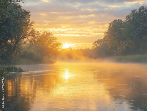 Hazy sunset over a calm river, humid weather, golden hour light