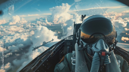 A fighter pilot seated in a cockpit, soaring through the clouds, giving a thrilling perspective of flight amidst a majestic sky.