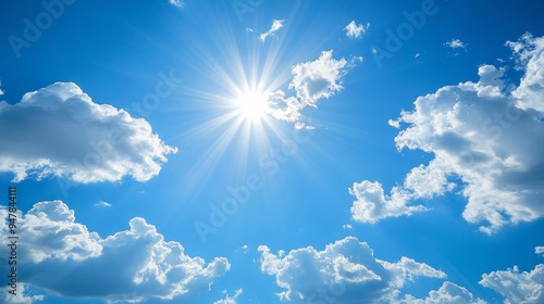 Clear blue sky with a few white clouds, serene weather, bright sunlight