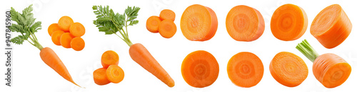 Fresh whole and sliced carrots creatively arranged isolated on transparent background