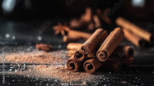 Cinnamon Sticks on a Wooden Table with Ground Cinnamon