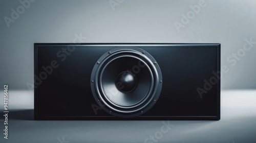 A modern black speaker with a single large woofer centered, set against a minimalist, muted background for a sleek aesthetic.