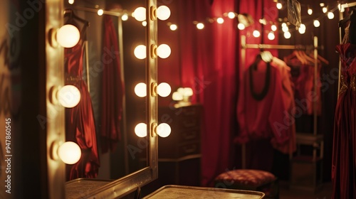 An illuminated backstage dressing room with makeup mirrors and costumes, exuding a warm, nostalgic ambiance of theater life and anticipation.