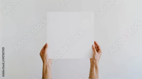 Two hands holding a blank white square canvas against a stark white background, symbolizing possibilities and creativity.