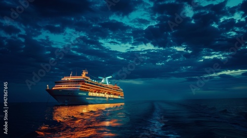 A cruise ship lit warmly against a twilight backdrop, reflecting beautifully on the tranquil ocean waters.