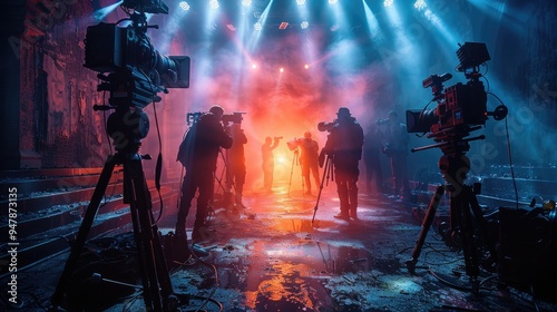 A group of cameramen are filming a scene on a dramatic, mist-filled stage with vibrant, colorful lighting, creating a dynamic and surreal atmosphere.