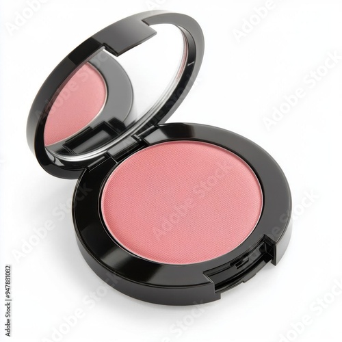 a blush compact with mirror, makeup product, soft pink shade, photorealistic, isolated on white background