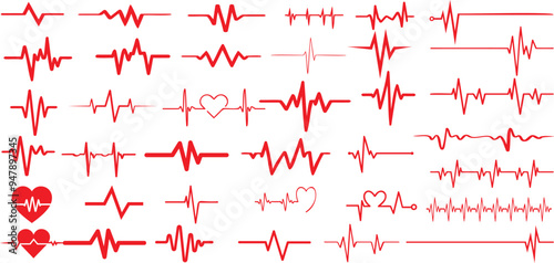 Red heartbeat line collection with heart symbol, cardiology, medical pulse, ECG, EKG design, healthcare clipart vector illustration, health monitoring, digital heartbeat graphics