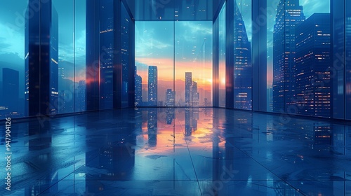 A stunning sunset view from a high-rise office building, with a reflection of the cityscape on the wet floor.