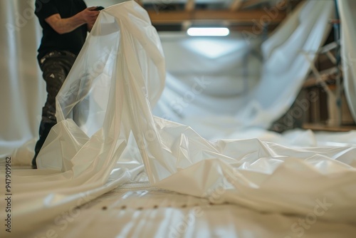 Construction worker installing plastic dust sheets for protection, covering floor in room, during renovation work