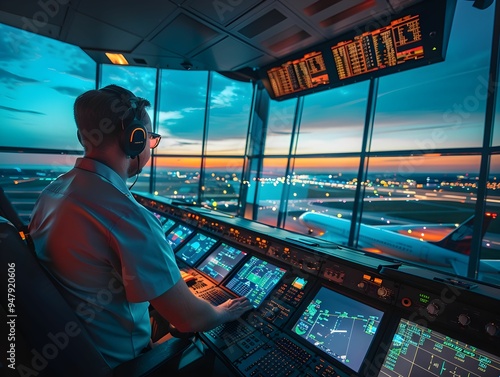 Air traffic controller manages arrivals and departures during twilight at a bustling airport control tower