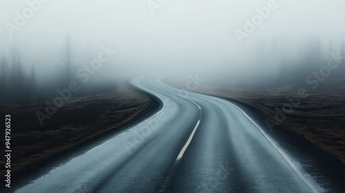 This image captures a misty road curving through a barren and mist-filled landscape, creating a sense of mystery and tranquility in the stillness of the fog.