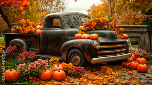 Halloween theme, a vintage pickup truck adorned with a lot of pumpkins and autumn decorations.