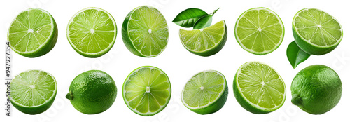 Whole and sliced limes with vibrant green color and juicy texture isolated on transparent background