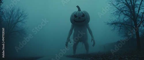 Scary Halloween pumpkin monster with spooky hazy background