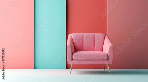 Un fauteuil rose dans une pièce vide avec un fond de mur coloré dans un style minimaliste, image représentant la décoration d'intérieure moderne, image avec espace pour texte.