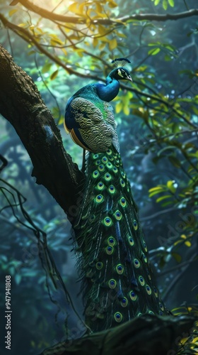 a majestic, exotic animal like a peacock or a leopard in its natural habitat, symbolizing wildlife.