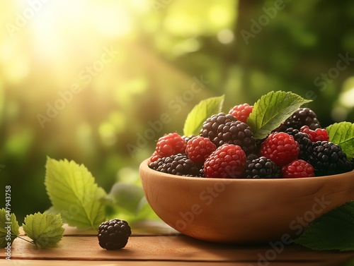 A variety of wild blackberries, including dewberries and boysenberries, in a handmade clay bowl with dappled sunlight filtering through