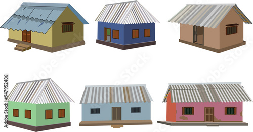 set of Indian village hut with tin shade roof vector design. Collection of rural house icon isolated on white background