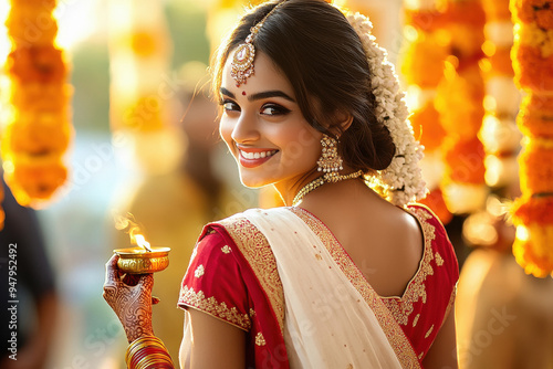 Indian Bengali woman in traditional bengali attire of white saree with red border holding a plate of colorful clay diya and wearing golden earrings