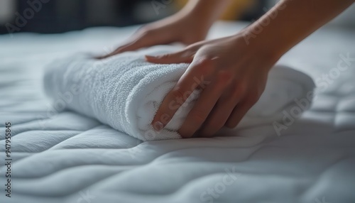 Mattress protector with cover being placed on a bed, with a focus on cleanliness