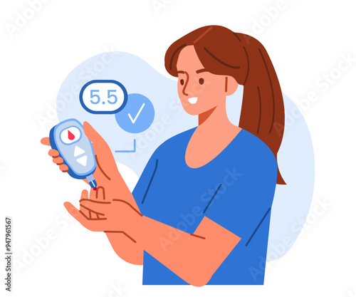 Woman with diabetes checks monitor blood sugar level with glucometer. Vector illustration.