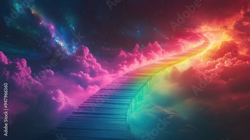 31. A neon rainbow bridge stretching across a dark void, with pastel colors softly blending together, glowing in the night