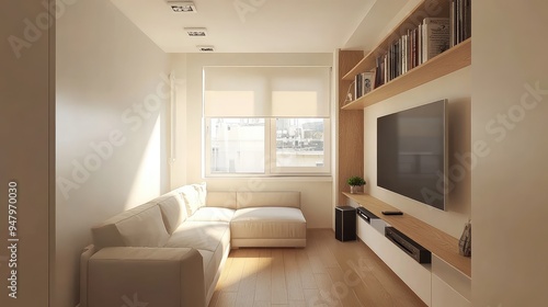 A compact living room with a minimalist design, featuring a narrow layout, a small sectional sofa, and a wall-mounted media unit.