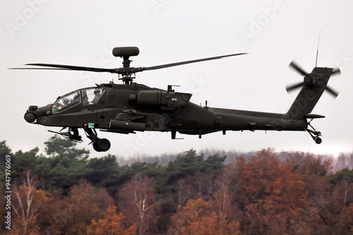 US Army Boeing AH-64E Apache Guardian Longbow attack helicopter of 3-17th Cavalry (Fort Stewart) preflight during Operation Atlantic Resolve rotation. Eindhoven, The Netherlands - November 23, 2023