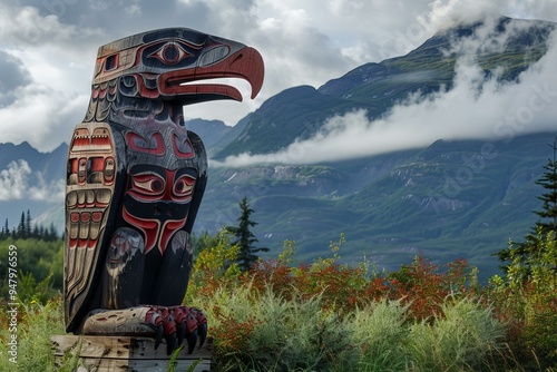 Traditional native american totem pole carved with an eagle design is set against a beautiful mountain landscape