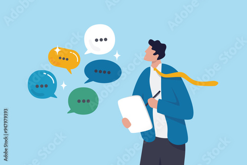 Requirements gathering, client demand or customer opinion, summary or meeting conclusion, stakeholders use case, lecture or meeting note concept, businessman write client requirements from discussion.