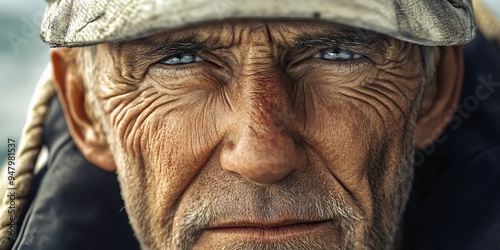 Close-up of an old sailor with a cap.