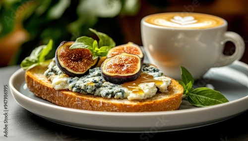 Delicious fig and cheese toast with a cup of latte art coffee, perfect breakfast or brunch setup with greenery background.