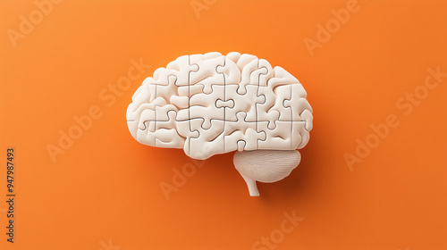 3D illustration of a human brain made of puzzle pieces against an orange background.