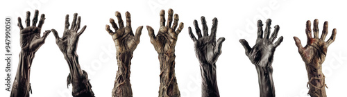 Set of scary zombie hands isolated on transparent background, zombie theme, happy Halloween concept