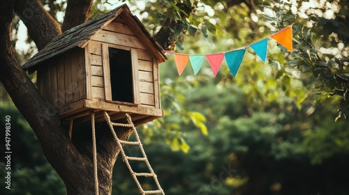 Charming Wooden Treehouse with Colorful Bunting Flags in a Lush Green Garden Setting