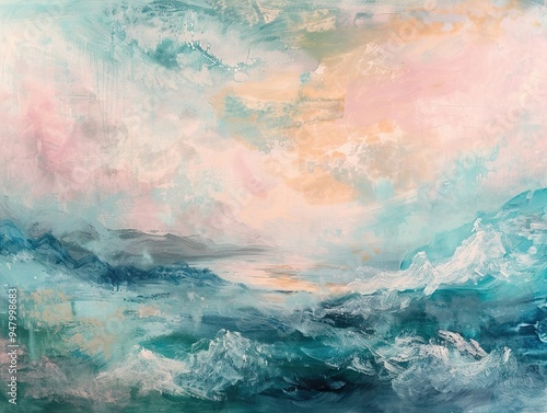 Abstract Seascape Painting with Pink Sunset Clouds