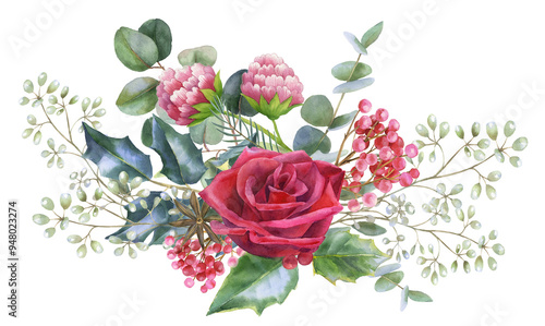 Watercolor Christmas floral Png border, red and white roses, fir, Xmas, arrangement, winter floral frame