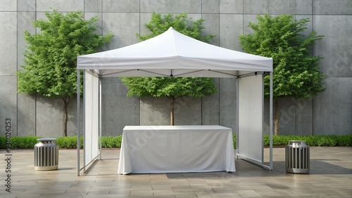 Empty white desk with a collapsible tent mockup and a blank tablecloth, perfect for product display, branding, and advertising outdoor gear and equipment promotions.